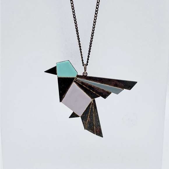 SHLOMIT OFIR Geometric Origami Bird Pendant with Turquoise Enamel & Silver Chain - Picture 2 of 4